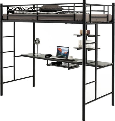 COSTWAY Metalen Loft Bed Frame met Bureau, Zwaar Loft Bed met 2 Ladders en volledige lengte van Leuningen, Ruimtebesparende Bed Frame voor Tieners en Volwassenen, Geen Boxspring Nodig