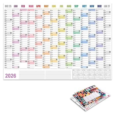 Bureaukalender 2026 - Gezinskalender - Jaarplanner - Wandmontage - Schema - 74x52,5 cm - Studentenkantoorpapierplanner - Wordt geleverd met dubbelzijdige lijm en stickers - Geschikt voor scholen - Kantoren - Huizen - Regenboogkleuren