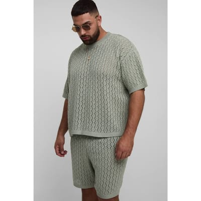Plus Oversized Boxy Zig Zag Crochet T-Shirt & Short Set | Sage | Size 2XL