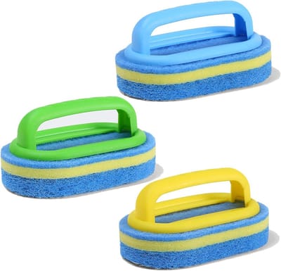 Reinigingsspons met handvat - Zwembadborstel - Zwembadonderhoud - Beschermt handen - 3 stuks - Blauw geel groen