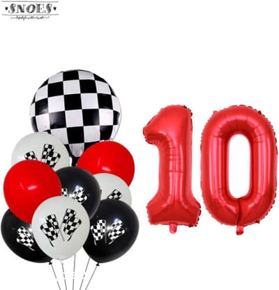 Snoes Racecijferballon 10 Feestboeket - Verjaardag Ballonnen Race Thema - Rood, Wit & Zwart