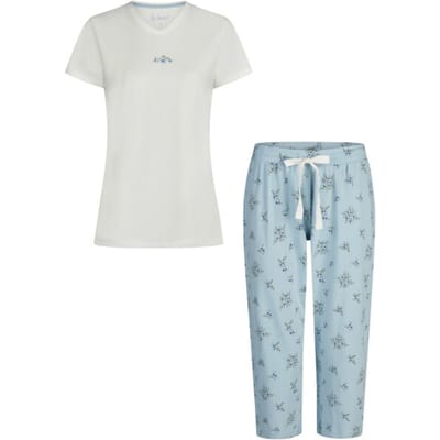 By Louise Dames Capri Pyjama Driekwart Broek V-hals Wit/Blauw Gebloemd - Maat S