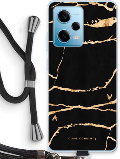 Case Company® - Hoesje met koord geschikt voor Xiaomi Redmi Note 12 Pro 5G hoesje met Koord - Gouden marmer - Telefoonhoesje met Zwart Koord - Bescherming aan alle Kanten en Over de Schermrand