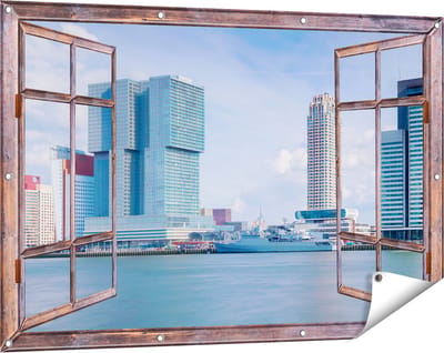 Gards Tuinposter Doorkijk Rotterdamse Skyline aan het Water - 120x80 cm - Tuindoek - Tuindecoratie - Wanddecoratie buiten - Tuinschilderij