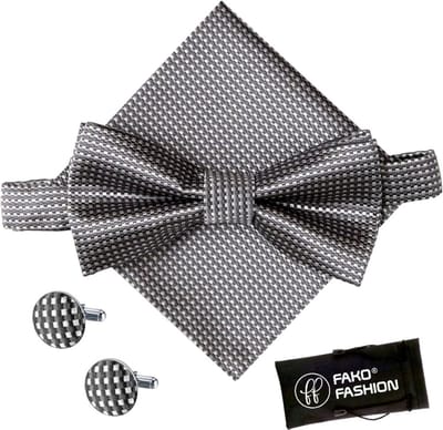 Fako Fashion - Vlinderstrik, Pochette & Manchetknopen Blok - Vlinderdas - Strikje - Pochet - Geblokt - Donkergrijs
