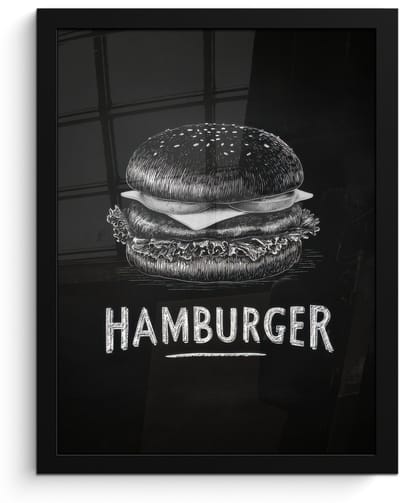 Poster in lijst - Fotolijst 30x40 cm - Posters - Hamburger - Krijttekst - Zwart - Wit - Posterlijst zwart - Decoratie - Wanddecoratie woonkamer - Muurdecoratie slaapkamer