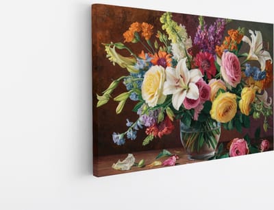 Saammp Canvas Schilderij - Kleurrijk - Bloemen in vaas - Abstract - Natuur - 30x20 - Foto op canvas - Wanddecoratie - Muurdecoratie Woonkamer - Kantoor Decoratie