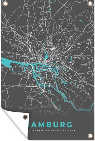 Muurdecoratie Kaart – Plattegrond – Stadskaart – Hamburg – Duitsland – Blauw - 120x180 cm - Tuinposter - Tuindoek