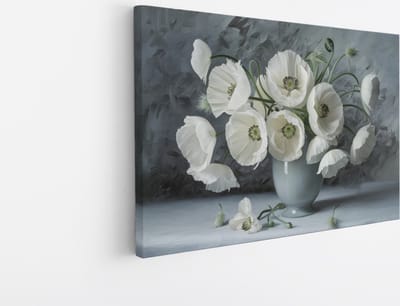 Saammp Canvas Schilderij - Witte Bloemen in Grijze Vaas - Abstract - 30x20 - Foto op canvas - Wanddecoratie - Muurdecoratie Woonkamer - Kantoor Decoratie