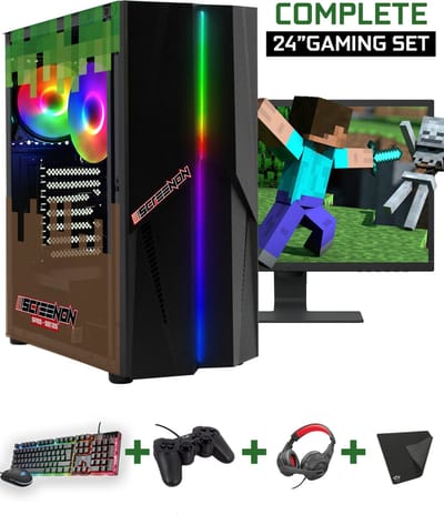 ScreenON - Minecraft Edition Gaming Set - X10999 - V1 (GamePC.X10999 + 24 Inch Monitor + Toetsenbord + Muis + Controller) + WiFi & Bluetooth
