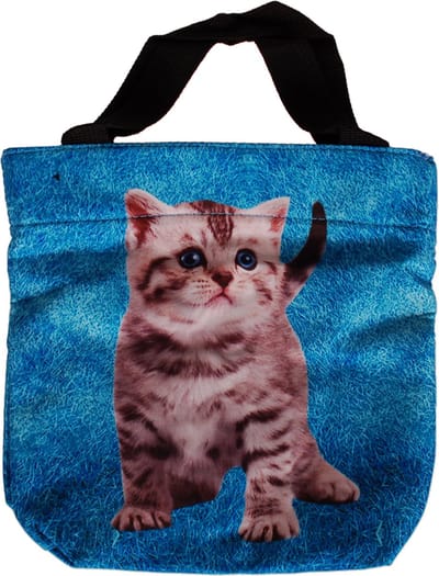 Schoudertasje/Handtasje blauw met gestreept kitten - 21x21cm