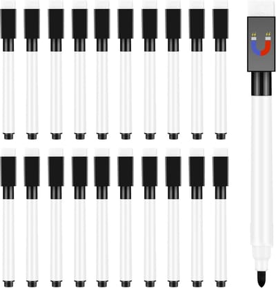 20x Whiteboardmarkers - Magnetische Whiteboard Stiften - Met Wisser & Magneet - Fijne Punt (1-2mm) - Droog Uitwisbaar - Zwart