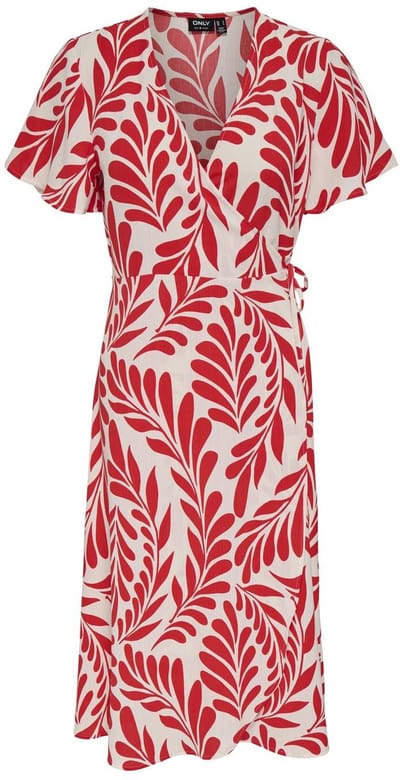 Only rode dames jurk   Overslag halslijn   Regular fit   Bloemen patroon   Strikkoordsluiting   Duurzaam   Korte mouw Rood M