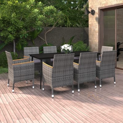 vidaXL - 9-delige - Tuinset - met - kussens - poly - rattan - en - glas