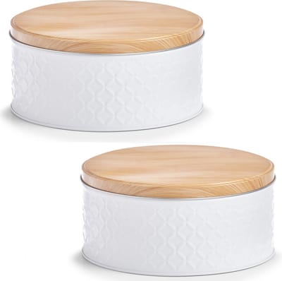 Zeller Voorraadblik - 2x - wit - 20 x 10 cm - 2 liter - bewaarblik met houtlook deksel