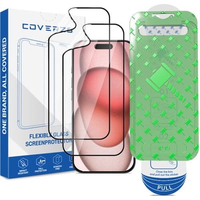 Coverzs Flexibel PMMA Glass Screenprotector met frame (2-pack) geschikt voor iPhone 15 – Flexibel Glas – Beschermfolie met Montageframe – Premium Schermbescherming