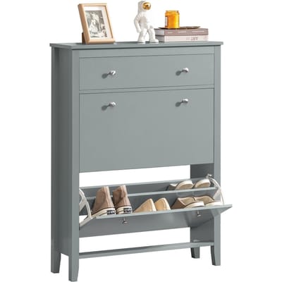 SoBuy FSR89-HG Schoenenkast met 2 Kleppen en 1 Lade - 80 x 25 x 108 cm - Grijs