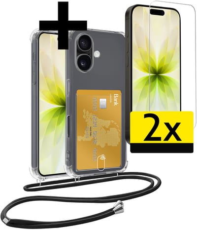 Hoesje Geschikt voor iPhone 17 Telefoonhoesje Met Koord Case Pashouder Met 2x Screenprotector Siliconen - Hoes Geschikt voor iPhone 17 Hoesje Met Kaarthouder - Transparant