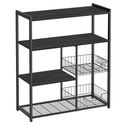 Metalen Plank met 2 Manden - 35x80x95cm, Hardhout & Stalen Frame, Meerlaags Keuken- en Magnetron Opbergrek, zwart