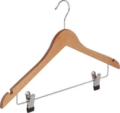 De Kledinghanger Gigant - Kledinghanger - Volwassenen - 7136BA - 20 Stuks - Blousehanger - Shirthanger - Lotushout - Naturel Gelakt - Vlak Model - Rokinkepingen - Anti-slip Knijpers - 44 cm - Kleerhanger (7136BA/20)