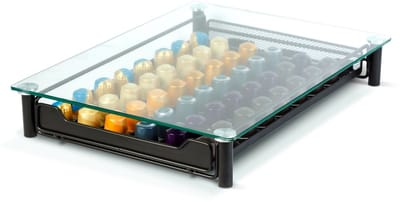 Metalen Koffiecapsulehouder Met Lade – Voor 60 Nespresso Capsules – Capsulehouder Met Glazen Bovenblad – Ruimtebesparend Onder Koffiemachine – Mat Zwart – 410 X 260 X 60 Mm [BW0999]