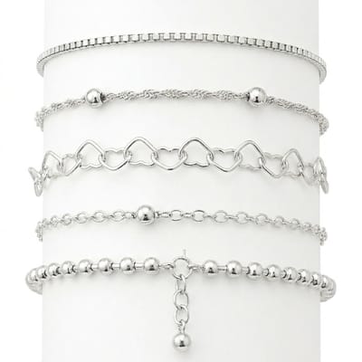 Set van 5 zilverkleurige armbanden voor dames – fijne schakelarmbanden met hartjes, bolletjes en gedraaid patroon – minimalistische dames armbandenset