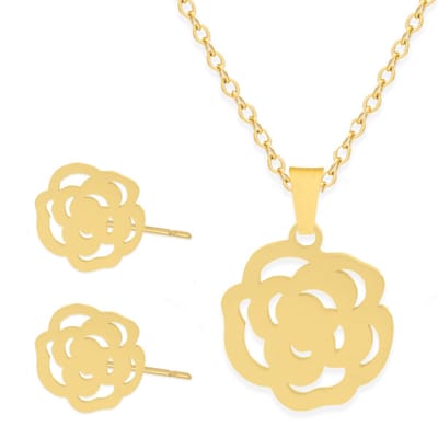 Cadeau Ketting & Oorbellen set met Bloem - Roestvrij Staal - Goudkleurig - Cadeau Sieraad op Kaartje - Pax Amare