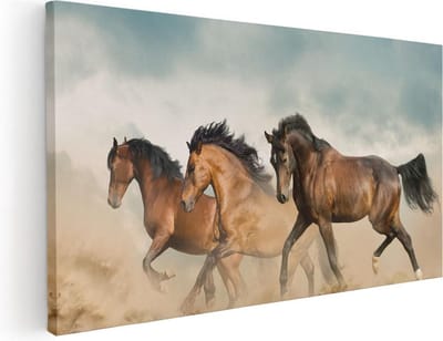 Artaza Canvas Schilderij Paarden - 40x20 cm - Klein - Wanddecoratie Woonkamer - Muurdecoratie Dieren - Rennende Paarden Woestijn