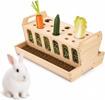 Voederstation van natuurlijk hout voor konijnen en cavia's met hooidispenser en wortelhouder, 30,5 x 24 x 16,8 cm, ideaal voor kleine dieren en knaagdieren