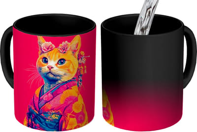 Magische Mok - Foto op Warmte Mokken - Koffiemok - Kat - Kimono - Bloemen - Roze - Magic Mok - Beker - 350 ML - Theemok