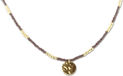 CO88 Collection 8CN-26289 Stalen Ketting met Kralen - Dames - Goudkleurig - 3 mm - Bruin - 2,5 mm - Cirkel - 13 mm - Lengte 70 + 7 cm
