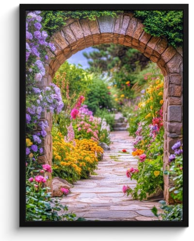 Poster in lijst - Fotolijst 50x70 cm - Posters - Doorkijk - Bloemen - Pad - Natuur - Posterlijst zwart - Decoratie - Wanddecoratie woonkamer - Muurdecoratie slaapkamer