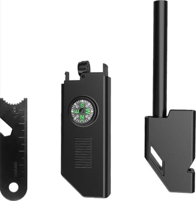 *** Multitool met Vuursteen, Magnesium Stick en 6 handige gadgets - Noodpakket - Kompas, noodfluit en flessenopener - Voorzien van opbergvakje en opmeetstuk voor elke situatie van Heble®***