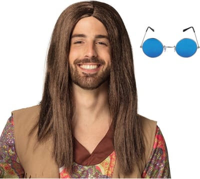 Boland Hippie Sixties verkleedset - Pruik lang haar bruin - bril blauw ronde glazen - heren - Flower Power look