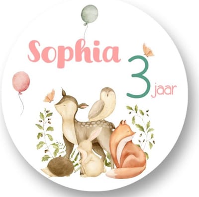 20x Traktatie stickers met naam Bosdieren - Verjaardag stickers - Meiden - Sluitstickers - Kinderfeest Traktatie - Uitdelen - Uitdeeltraktatie - Wensetiket - Rond - 40mm - Glossy sticker