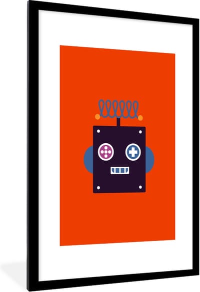 Poster in fotolijst kind - Schilderij voor kinderen - Robot - Blauw - Paars - Gezicht - Vormen - Wanddecoratie - 80x120 cm - Decoratie voor kinderkamers - Kinderposter