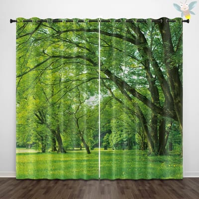 2 stuks gordijnen met groen bosboom patroonprint, natuurlandschap decoratie slaapkamer woonkamer 140x160cm&Grommet Top