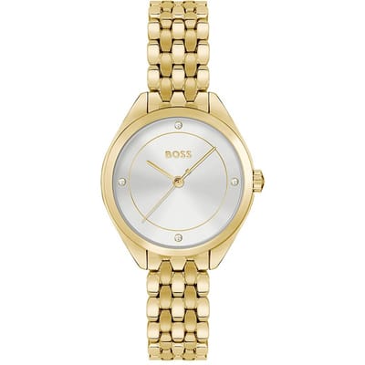 BOSS HB1502733 MAE Dames Horloge - Mineraalglas - Staal - Goudkleurig - 30 mm breed - Quartz - Vouw/Vlindersluiting - 3 ATM (spatwater)