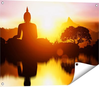 Gards Tuinposter Silhouet van Boeddha Beeld met Zonsondergang - 80x60 cm - Tuindoek - Tuindecoratie - Wanddecoratie buiten - Tuinschilderij