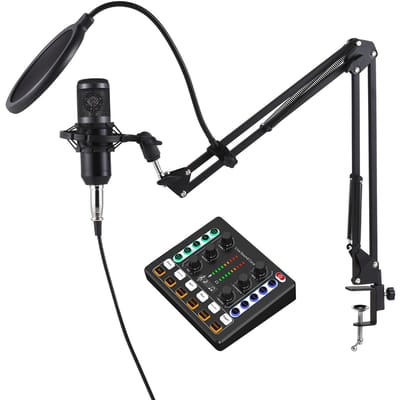 Podcast-apparatuurbundel Condensatormicrofoon met live-geluidskaartkit Plug-and-play-podcastmicrofoon zwart