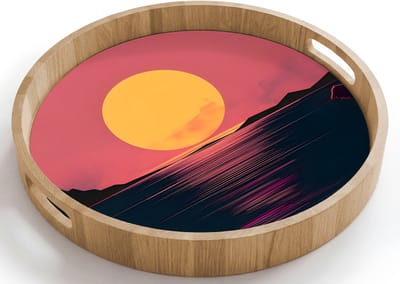Dienblad rond 40x40 cm - Schootdienblad hout - Zon - Geel - Bergen - Water - Borrelplank rechthoek - Plateau houten dienbladen