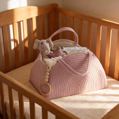 Zacht Lila Katoen Gevlochten Baby Luier Opbergmand 32×22×20cm | Boogvormige Draagbare Opbergtas met Houten Kralen Accessoire