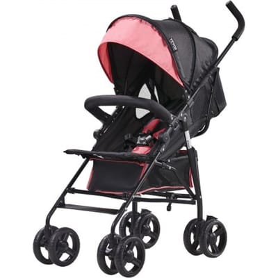 VEVOR lichtgewicht kinderwagen, compact, eenvoudig opvouwbaar met verstelbare rugleuning, frame van koolstofstaal, grote opbergmand, paraplu-kinderwagen voor reizen en meer, zwart/roze