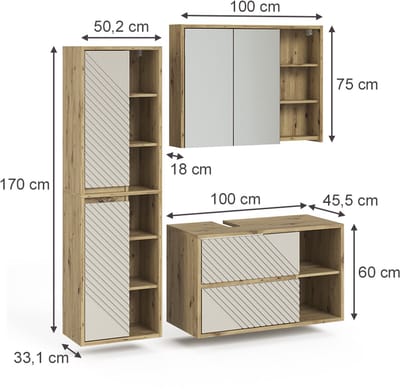 Vicco badkamermeubelset Viola, Artisanaal eiken, 3-delig