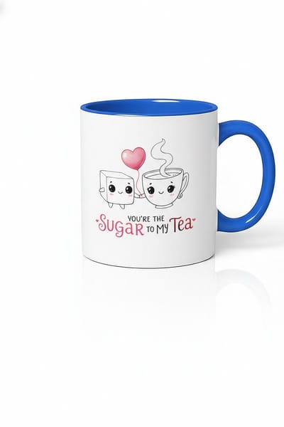 Mok 'You're the Sugar to my Tea' | Romantische Theemok met Suikerklontje & Theekopje Design | Blauwe Binnenkant & Oor | Liefde & Vriendschap Cadeau