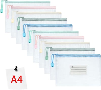 PVC-documentmappen met ritssluiting, 10 stuks A4-formaat 34 x 24 cm, opbergtassen met ritssluiting en label voor school, huiswerk , cosmetica, kantoorartikelen en reisaccessoires| Cyslmuk®