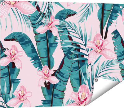 Gards Tuinposter Tropische Roze Zomer Bloemen met Bladeren - 80x60 cm - Tuindoek - Tuindecoratie - Wanddecoratie buiten - Tuinschilderij