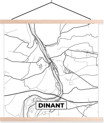Posterhanger incl. Poster 40x40 cm - Schoolplaat - Kaart – Plattegrond – Stadskaart – Dinant – België – Zwart Wit - Textielposter - Blanke latten - Stadskaart