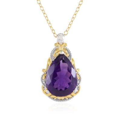 Cavill - Zilveren Halsketting - 925 Sterling Zilver Verguld - Braziliaanse Peervorm Amethist 10,04 ct & Zirkoon 0,15 ct - Verstelbaar