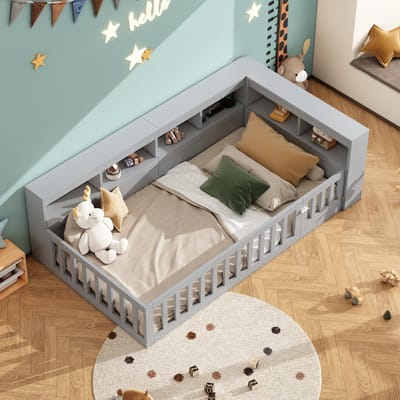MODENUIT Bedbank 90x200 cm – Uitschuifbare Bedrail met Stopcontact en USB – Zijvak-Opbergruimte – Zonder matras – Grijs
